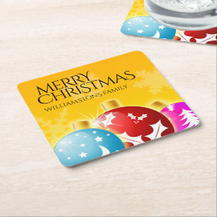 Posavasos Cuadrado De Papel Feliz Navidad con adornos festivos