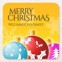 Posavasos Cuadrado De Papel Feliz Navidad con adornos festivos