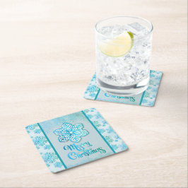 Posavasos Cuadrado De Papel Feliz Navidad Copos de nieve Azul irlandés