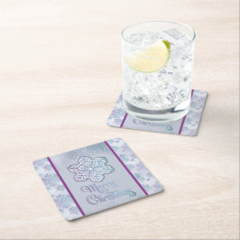 Posavasos Cuadrado De Papel Feliz Navidad Copos de nieve Iridescente Azul Púrp