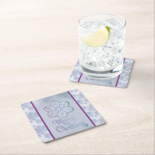 Posavasos Cuadrado De Papel Feliz Navidad Copos de nieve Iridescente Azul Púrp