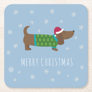 Posavasos Cuadrado De Papel Feliz Navidad Dachshund