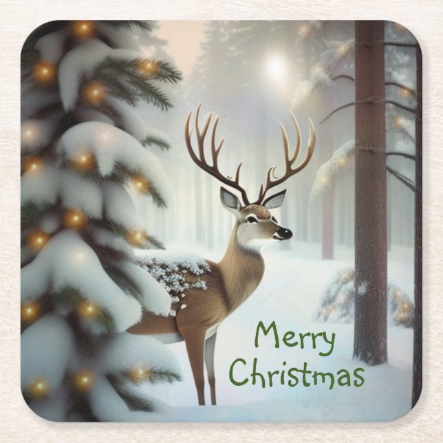 Posavasos Cuadrado De Papel Feliz Navidad Deer (Anverso)