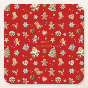 Posavasos Cuadrado De Papel Feliz Navidad Diversión Cuidad Gingerbread Rojo