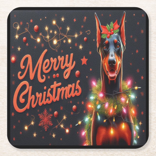 Posavasos Cuadrado De Papel Feliz Navidad Doberman Perro Twinkling Noches Luce (Anverso)