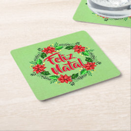 Posavasos Cuadrado De Papel Feliz Navidad en portugués navideña
