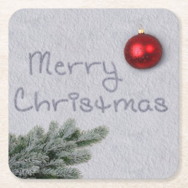 Posavasos Cuadrado De Papel Feliz Navidad escrito en la Nieve