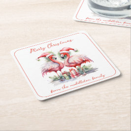 Posavasos Cuadrado De Papel Feliz Navidad Flamingos rosas