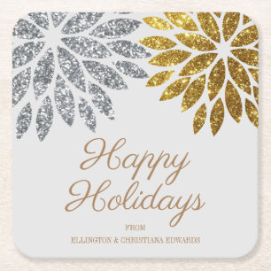 Posavasos Cuadrado De Papel Feliz Navidad Floral Brillo de Plata y Oro