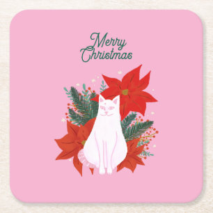 Posavasos Cuadrado De Papel Feliz Navidad Floral Cat