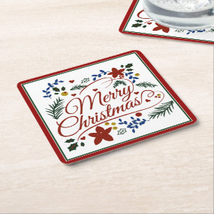 Posavasos Cuadrado De Papel Feliz Navidad Floral Coaster de Papel Cuadrado