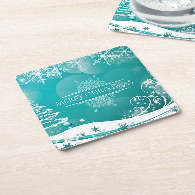 Posavasos Cuadrado De Papel Feliz Navidad Flores de árbol de nieve y estrellas (En perspectiva)