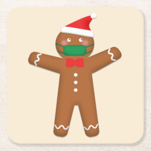 Posavasos Cuadrado De Papel Feliz Navidad Gingerbread Man en máscara facial 20