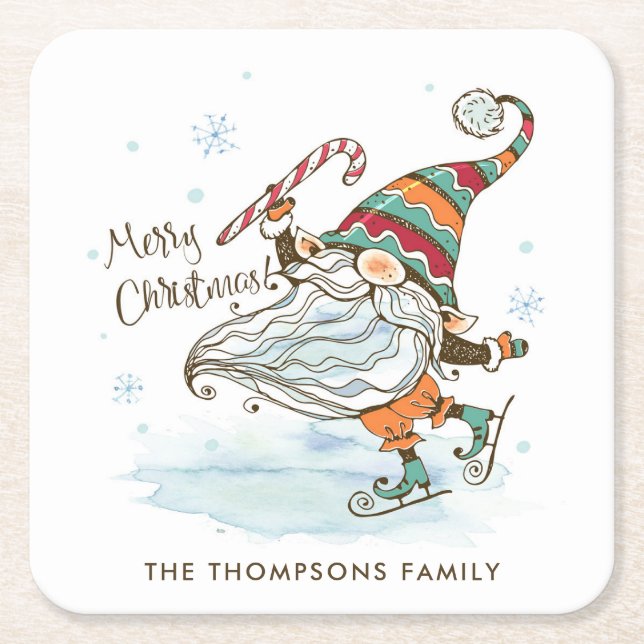 Posavasos Cuadrado De Papel Feliz Navidad Gnome nórdico personalizado (Anverso)