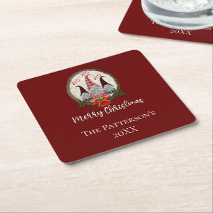 Posavasos Cuadrado De Papel Feliz Navidad Gnomes Rojo, Rústico, Fundido, De Mo
