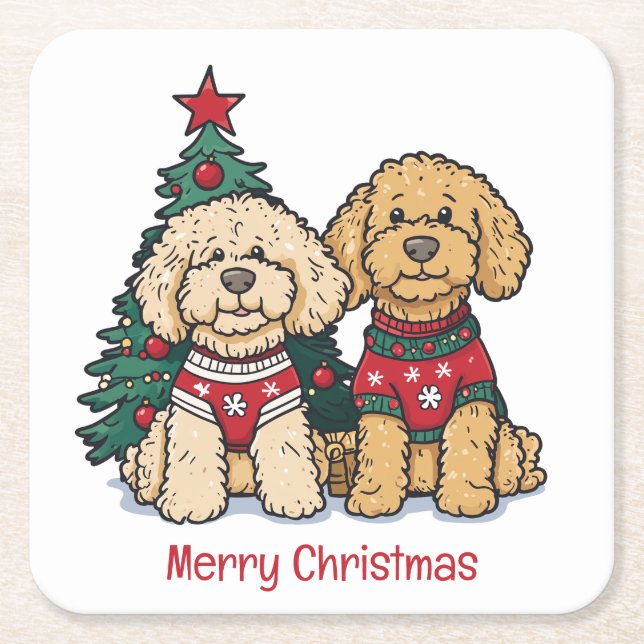 Posavasos Cuadrado De Papel Feliz Navidad Goldendoodle Dogs (Anverso)