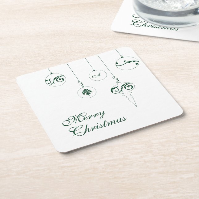 Posavasos Cuadrado De Papel Feliz Navidad GreenMonograma Bauble Ornamentos (En perspectiva)