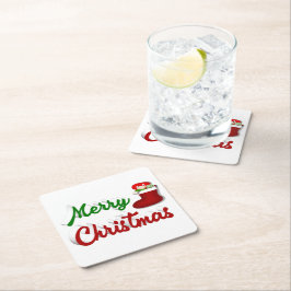 Posavasos Cuadrado De Papel Feliz navidad Guión rojo verde