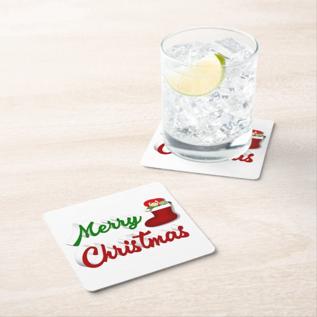 Posavasos Cuadrado De Papel Feliz navidad Guión rojo verde (In situ)