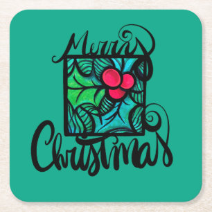 Posavasos Cuadrado De Papel Feliz Navidad Holly