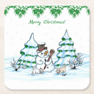Posavasos Cuadrado De Papel ¡Feliz Navidad! Hombre de nieve con gato y cachorr
