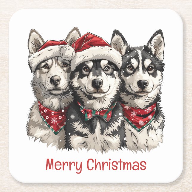 Posavasos Cuadrado De Papel Feliz Navidad Husky Dogs (Anverso)