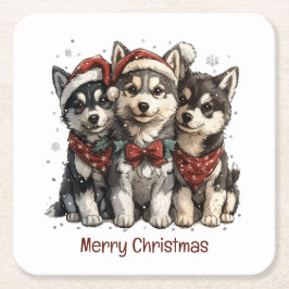 Posavasos Cuadrado De Papel Feliz Navidad Husky Dogs