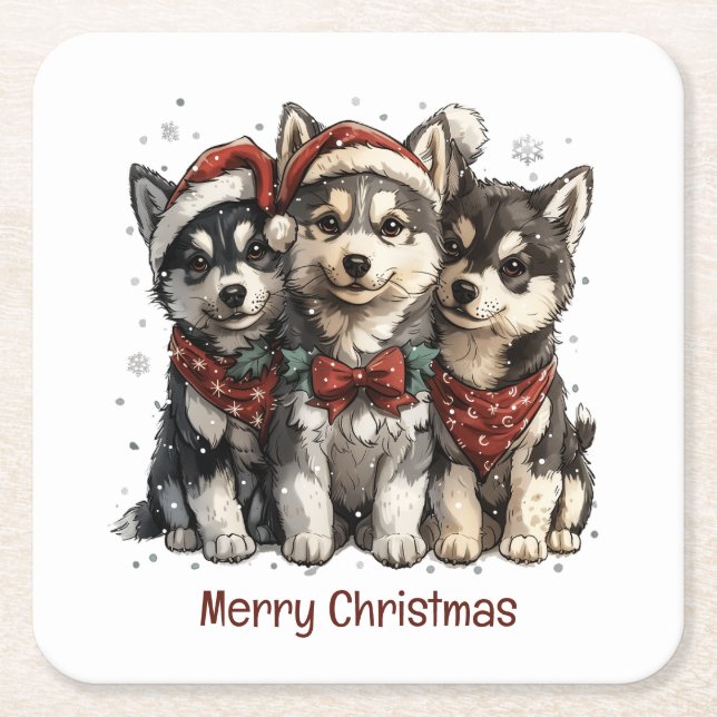 Posavasos Cuadrado De Papel Feliz Navidad Husky Dogs (Anverso)