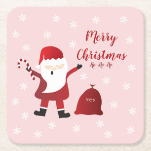 Posavasos Cuadrado De Papel Feliz Navidad Papá Noel Copos de nieve Blanco Rojo