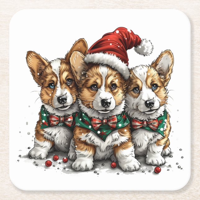 Posavasos Cuadrado De Papel Feliz Navidad Pembroke Corgi galés cachorros (Anverso)