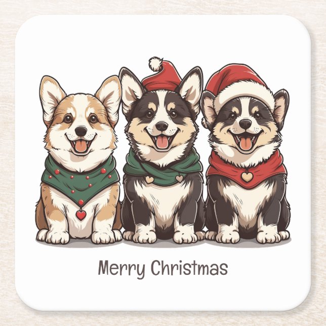 Posavasos Cuadrado De Papel Feliz Navidad Pembroke Welsh Corgi Perros (Anverso)