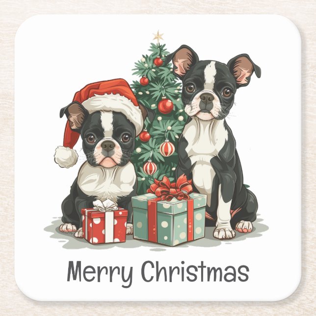 Posavasos Cuadrado De Papel Feliz Navidad Perros Terrier de Boston (Anverso)