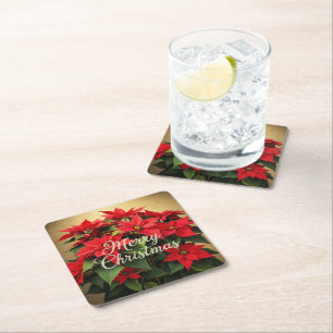 Posavasos Cuadrado De Papel Feliz Navidad Poinsettias Rojas