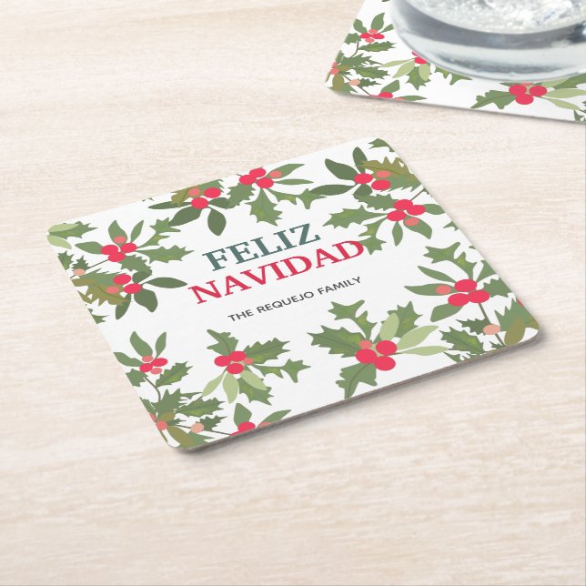 Posavasos Cuadrado De Papel Feliz Navidad Red Holly Berries Navidades (En perspectiva)