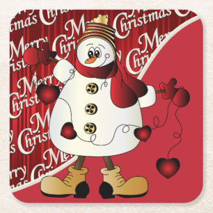 Posavasos Cuadrado De Papel Feliz Navidad Red Snowman
