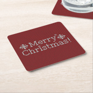 Posavasos Cuadrado De Papel Feliz Navidad Red & White Faux Knit