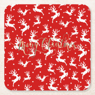 Posavasos Cuadrado De Papel Feliz Navidad Renoes Rojos
