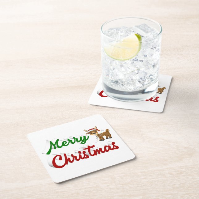 Posavasos Cuadrado De Papel Feliz Navidad Resto del reno rojo guión verde (In situ)