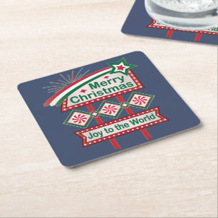 Posavasos Cuadrado De Papel Feliz Navidad Retro Marquee - Alegría al mundo