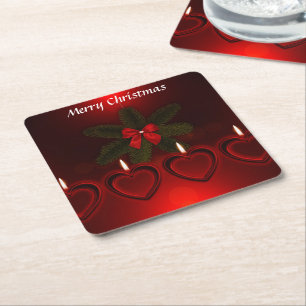 Posavasos Cuadrado De Papel "Feliz Navidad Rojo Wreath Ribbon