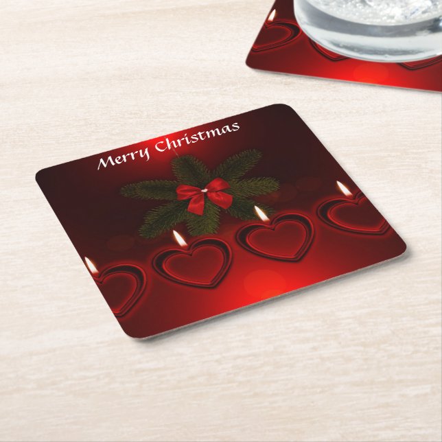 Posavasos Cuadrado De Papel "Feliz Navidad Rojo Wreath Ribbon (En perspectiva)
