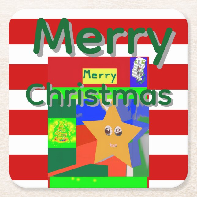 Posavasos Cuadrado De Papel Feliz Navidad Rosa Rojo  (Anverso)