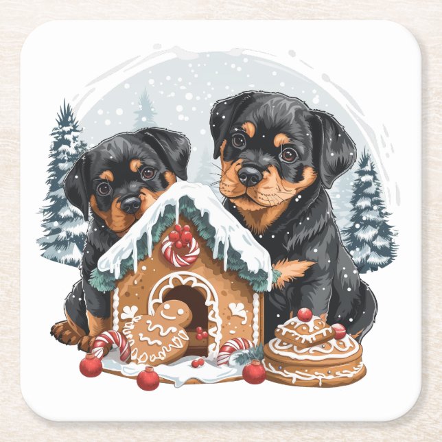 Posavasos Cuadrado De Papel Feliz Navidad Rottweiler Dogs Gingerbread House (Anverso)