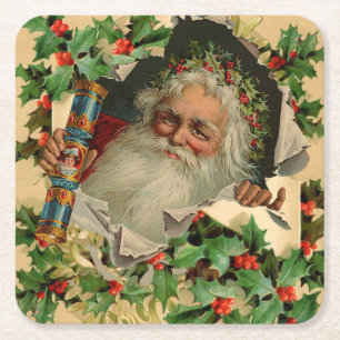 Posavasos Cuadrado De Papel Feliz Navidad Santa Claus Clásico antiguo