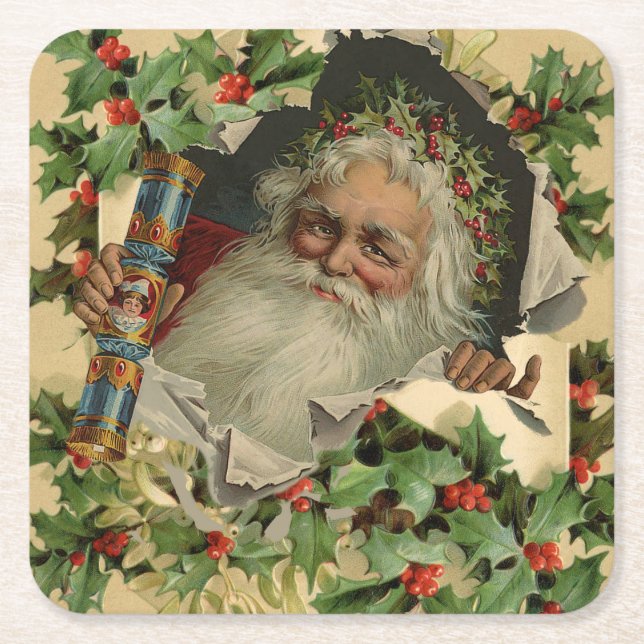 Posavasos Cuadrado De Papel Feliz Navidad Santa Claus Clásico antiguo (Anverso)