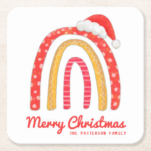 Posavasos Cuadrado De Papel Feliz Navidad Santa Hat Rainbow Personalizado