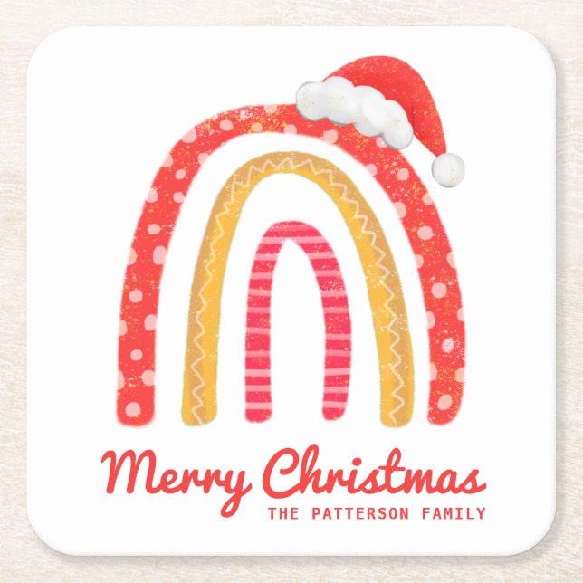 Posavasos Cuadrado De Papel Feliz Navidad Santa Hat Rainbow Personalizado (Anverso)