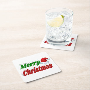 Posavasos Cuadrado De Papel Feliz Navidad Santa Hat rojo tipografía verde