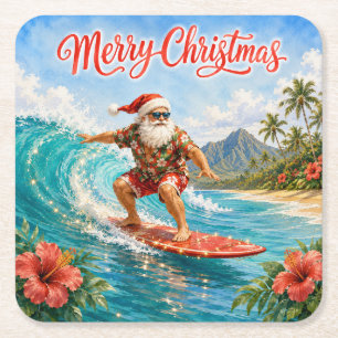 Posavasos Cuadrado De Papel Feliz Navidad Santa Hawaiano Surfista