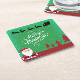 Posavasos Cuadrado De Papel Feliz Navidad Santa Reindeer Snowflakes Green